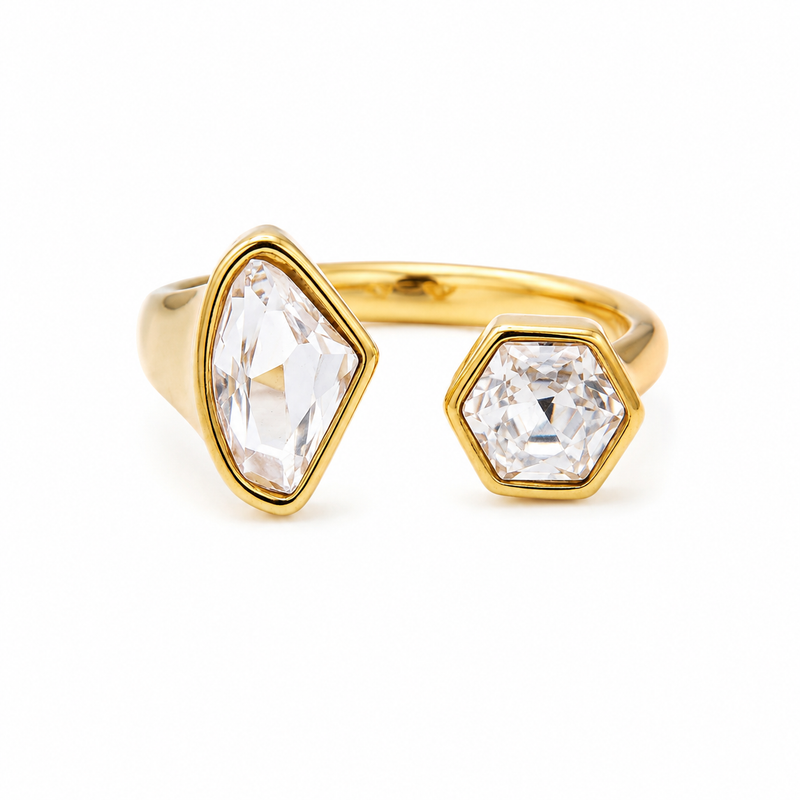 Luxury Golden colour Two Stone Ring  with Geometric Crystal Open Band