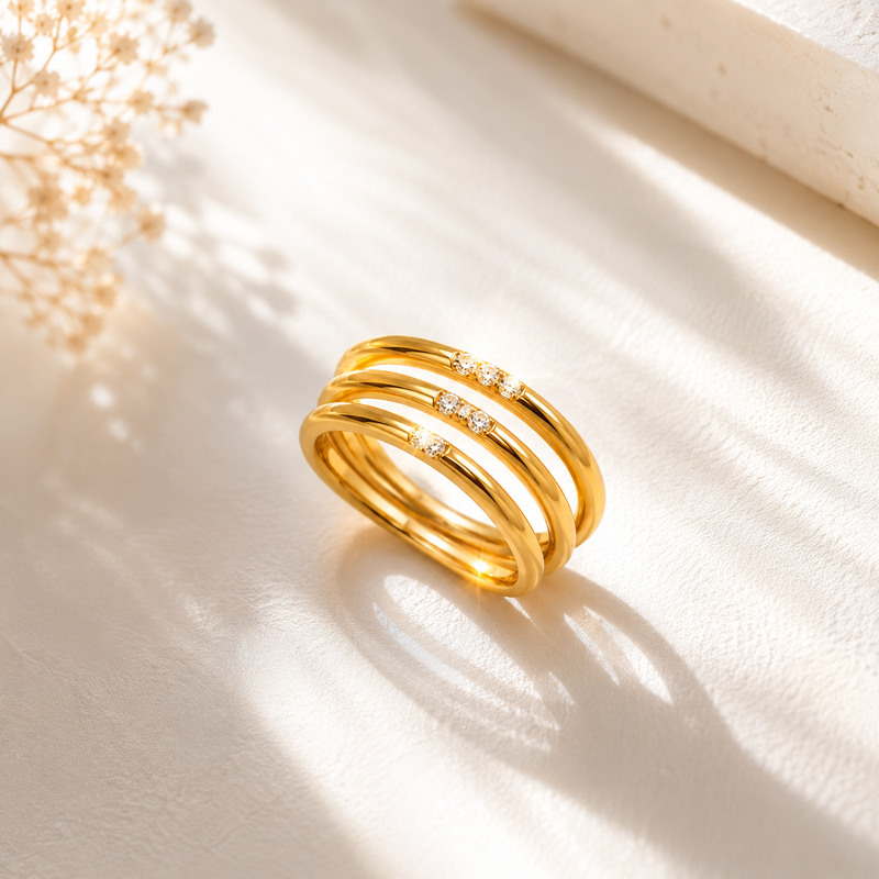 Golden color Triple Layer CZ Stack Ring for Women