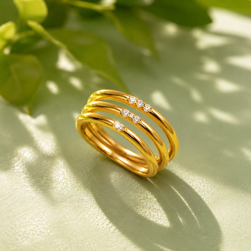 Golden color Triple Layer CZ Stack Ring for Women