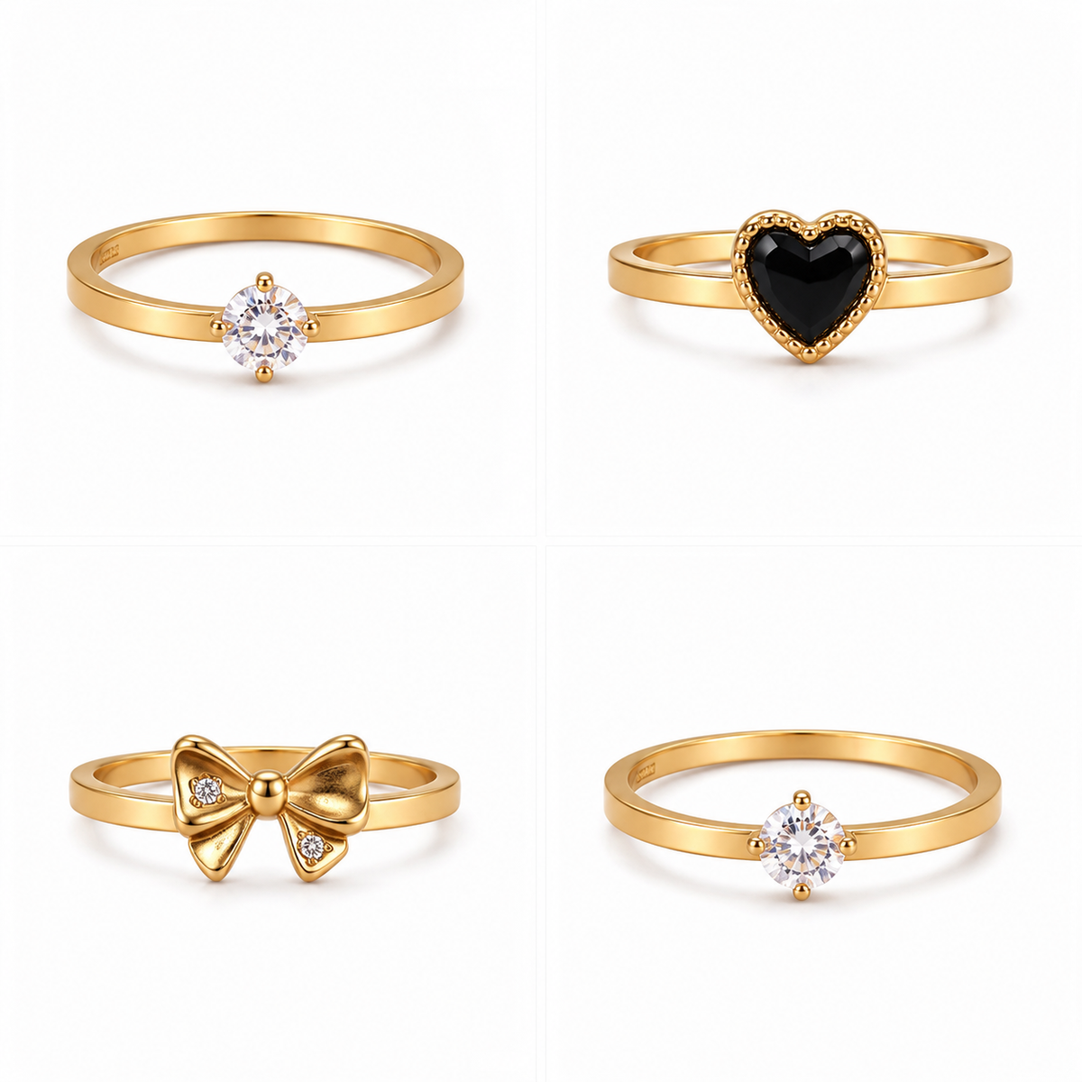 Golden Colour Charm Ring Set Combo Heart, Bow & Solitaire Styles
