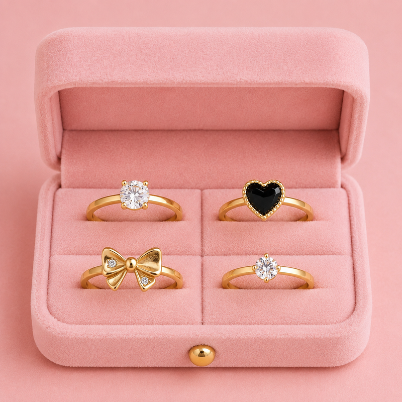 Golden Colour Charm Ring Set Combo Heart, Bow & Solitaire Styles