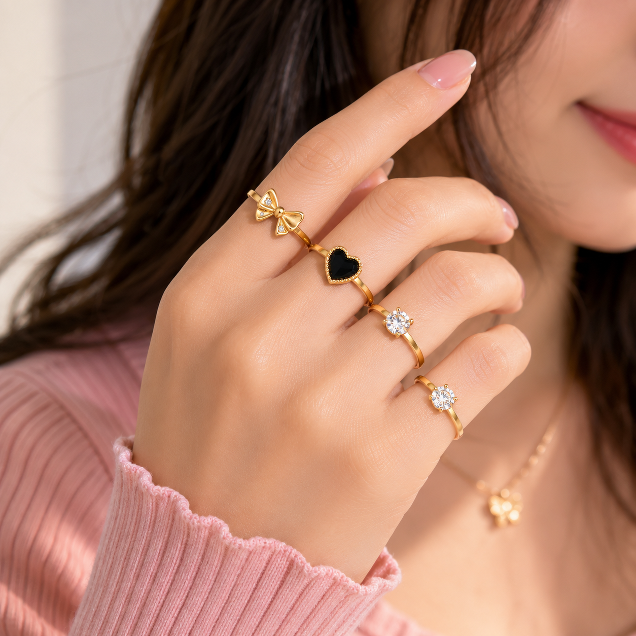 Golden Colour Charm Ring Set Combo Heart, Bow & Solitaire Styles
