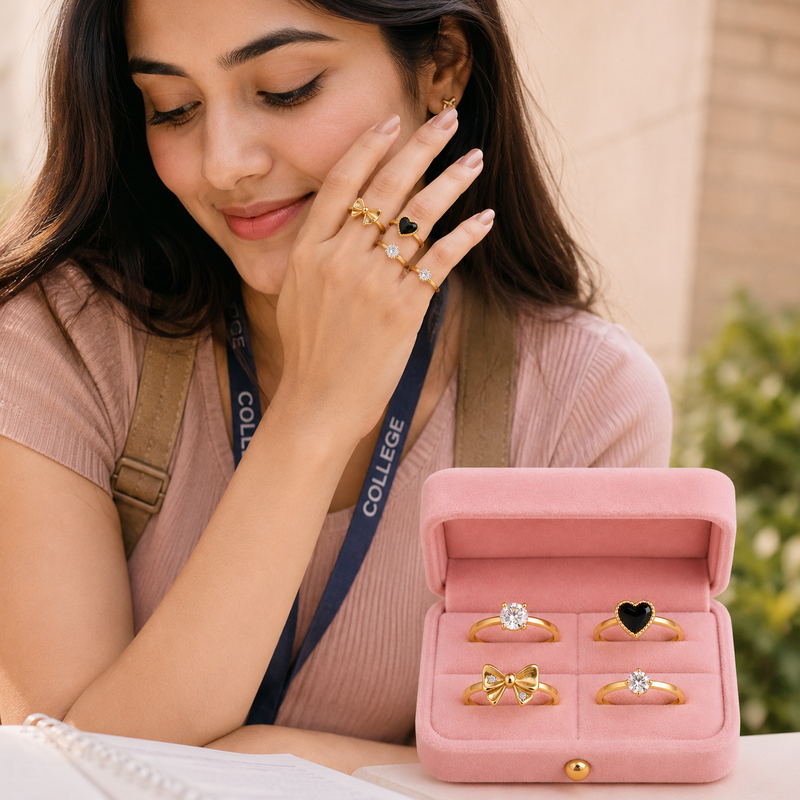 Golden Colour Charm Ring Set Combo Heart, Bow & Solitaire Styles