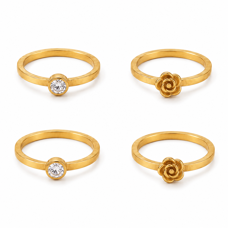 Classic Gold Color Crystal & Flower Ring Set for Girls & Women