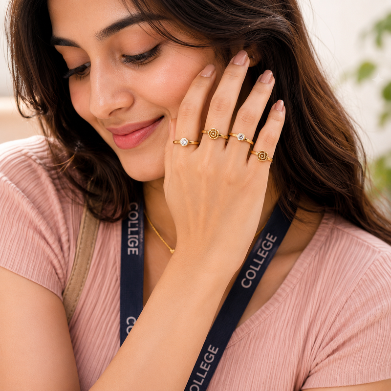 Classic Gold Color Crystal & Flower Ring Set for Girls & Women