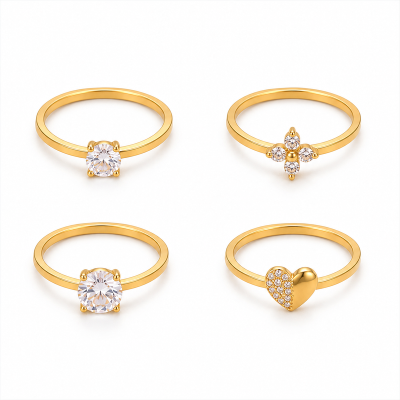 Stylish Golden colour  Rings Four Unique Designs on White Background