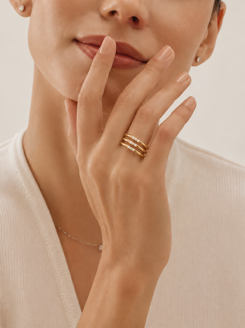 Golden color Triple Layer CZ Stack Ring for Women