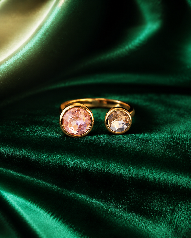 Elegant Golden color Open Ring with Dual Round Crystals Contemporary Jewelry