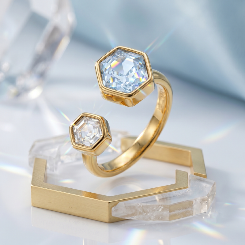 Modern Hex style Crystal  Adjustable Ring