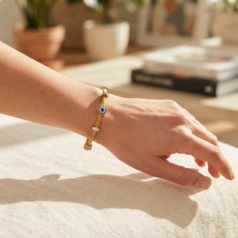 Anti Tarnish Evil Eye Bracelet for Women | Gold Plated Adjustable Bracelet with Crystal Beads |