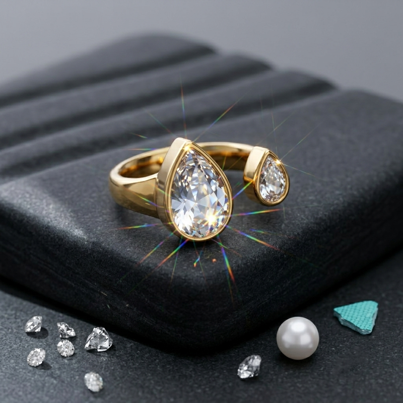 Trending Gold Color Pear Shape Crystal Ring – Modern Open Band Jewelry