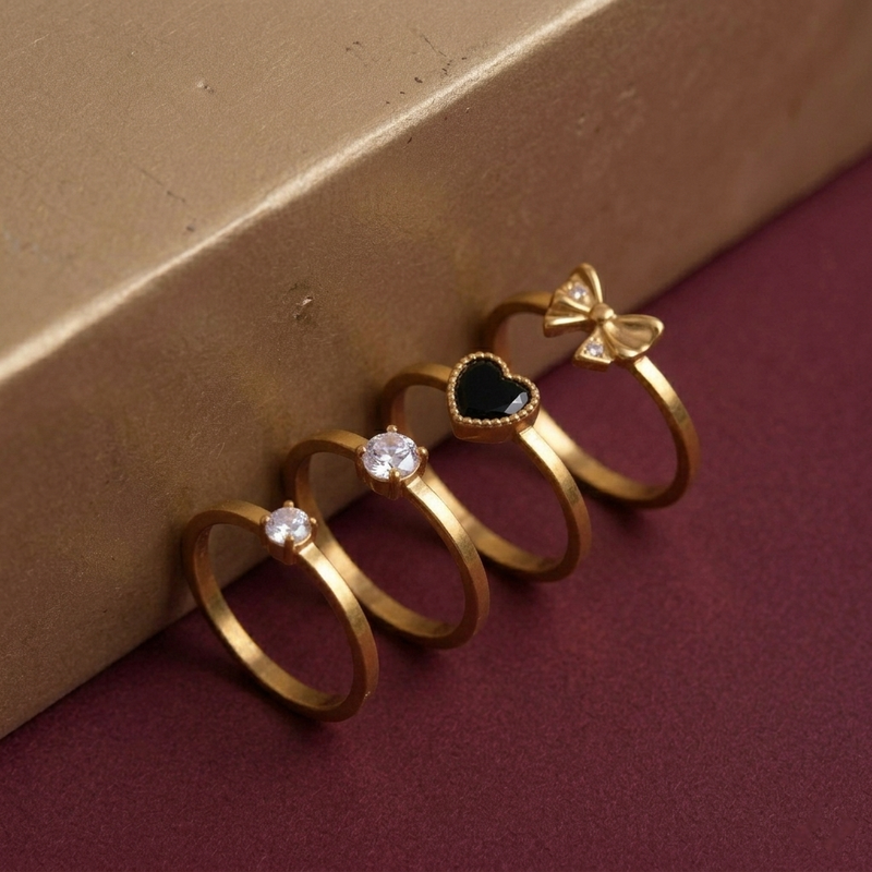 Golden Colour Charm Ring Set Combo Heart, Bow & Solitaire Styles