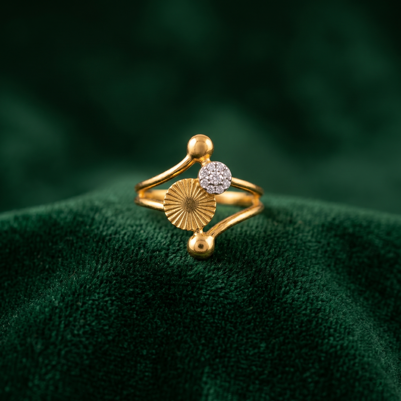 Contemporary Golden Ring with Textured Disc & Crystal Detail