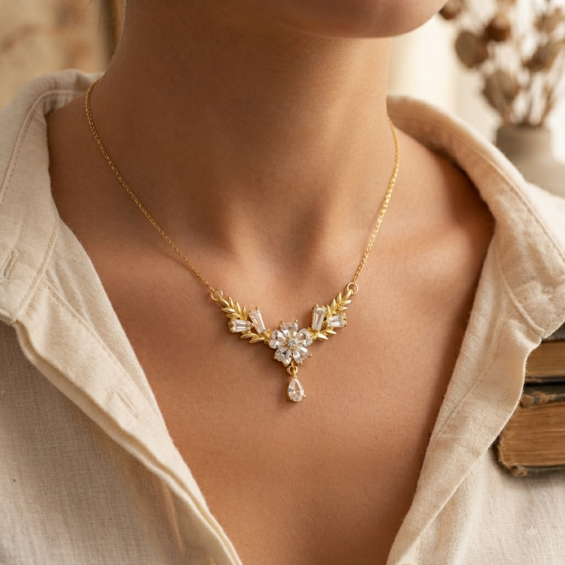 Buy Designer Floral and Teardrop CZ Pendant Necklace for women