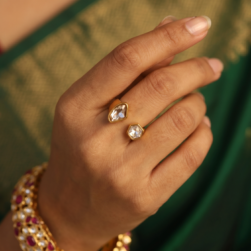 Luxury Golden colour Two Stone Ring  with Geometric Crystal Open Band