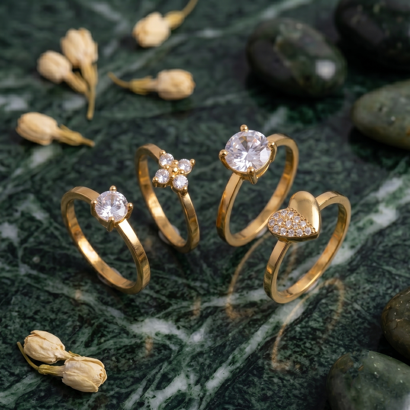 Stylish Golden colour  Rings Four Unique Designs on White Background