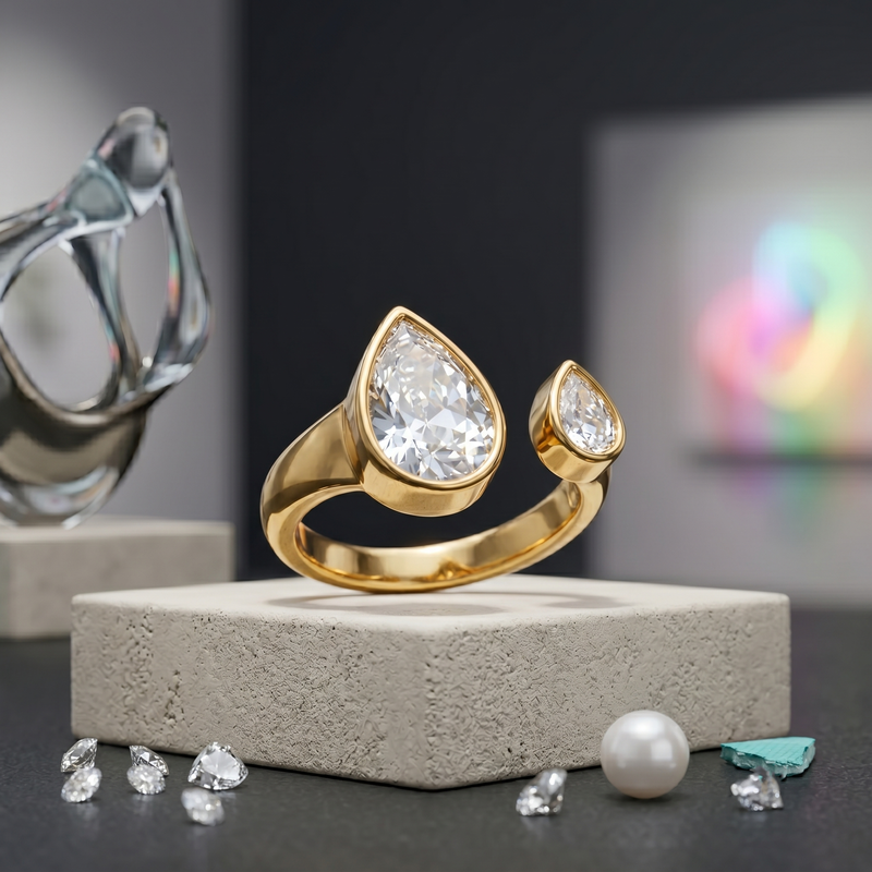 Trending Gold Color Pear Shape Crystal Ring – Modern Open Band Jewelry