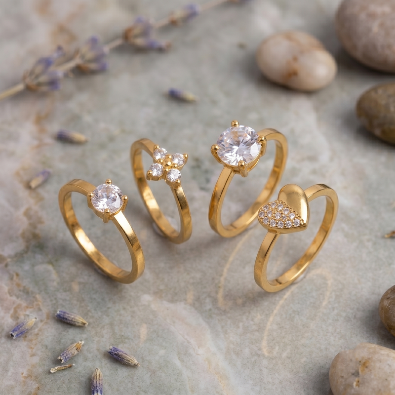 Stylish Golden colour  Rings Four Unique Designs on White Background