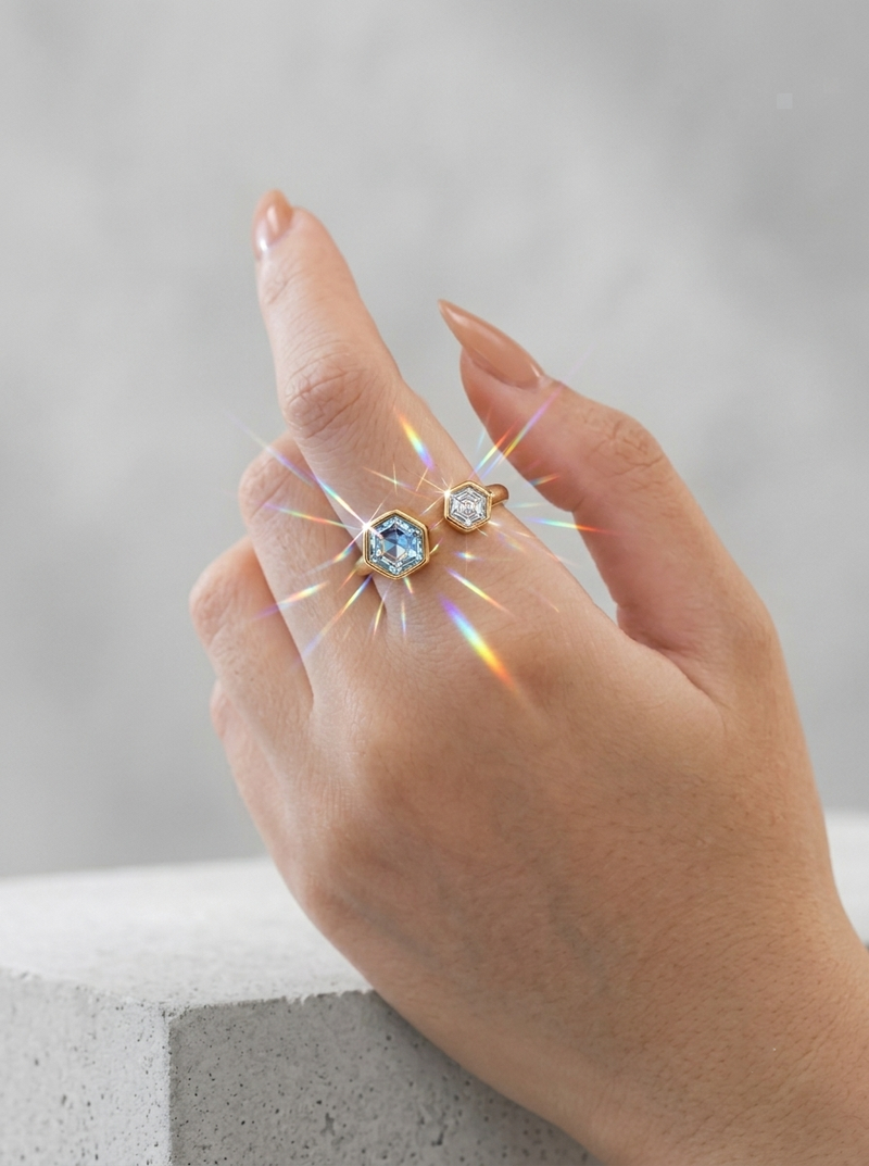 Modern Hex style Crystal  Adjustable Ring