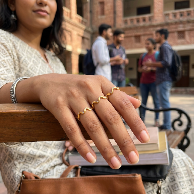 Yamiluxe Premium Golden Color Finish Wave Crystal Ring Combo