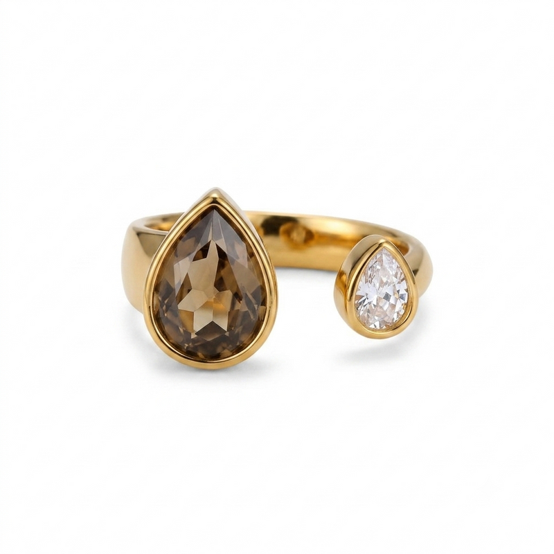 Luxe Brown & White Pear Crystal Style Ring