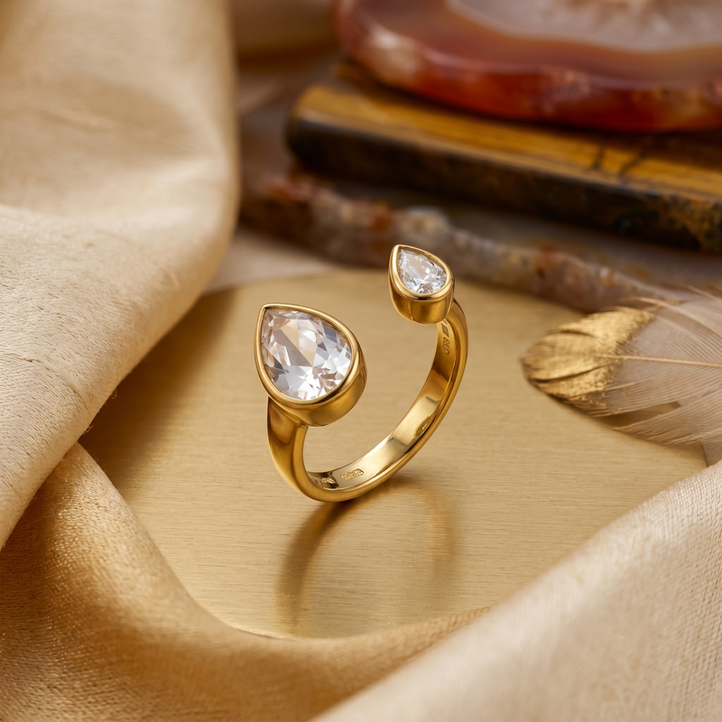 Trending Gold Color Pear Shape Crystal Ring – Modern Open Band Jewelry