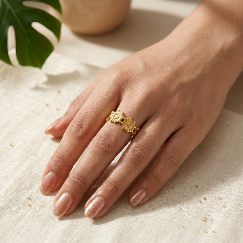 Adjustable Gold Flower Ring – Elegant Floral Jewelry Gift for Her