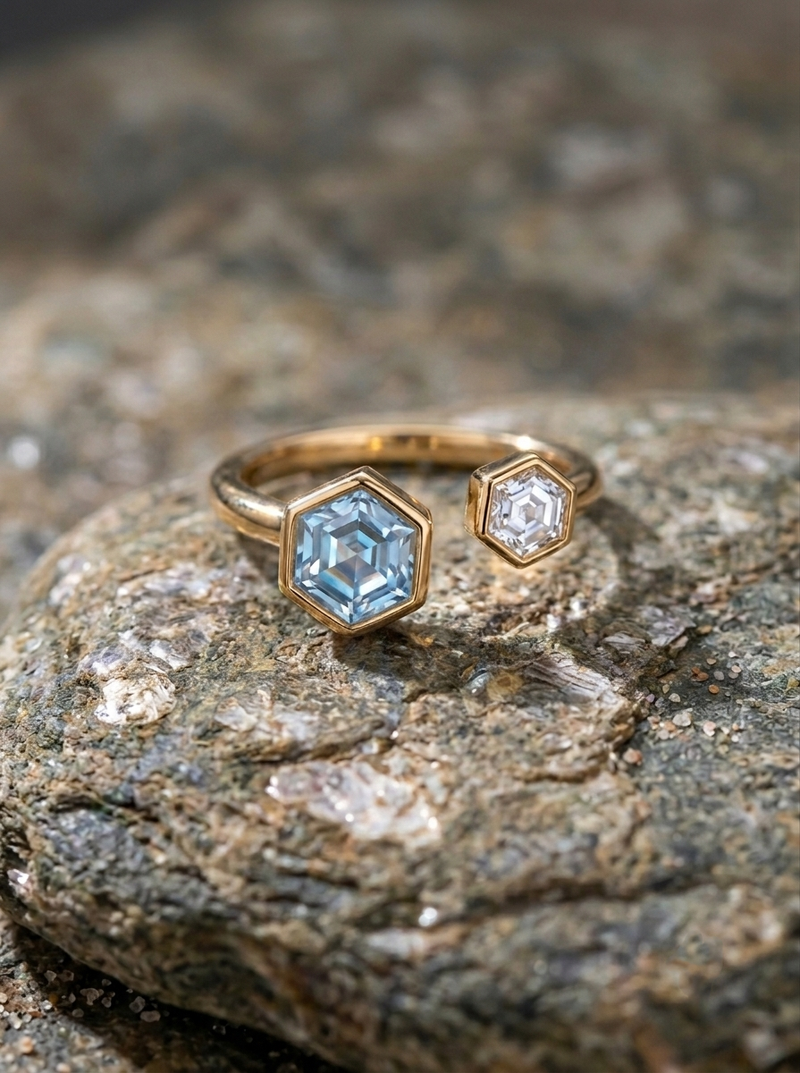 Modern Hex style Crystal  Adjustable Ring