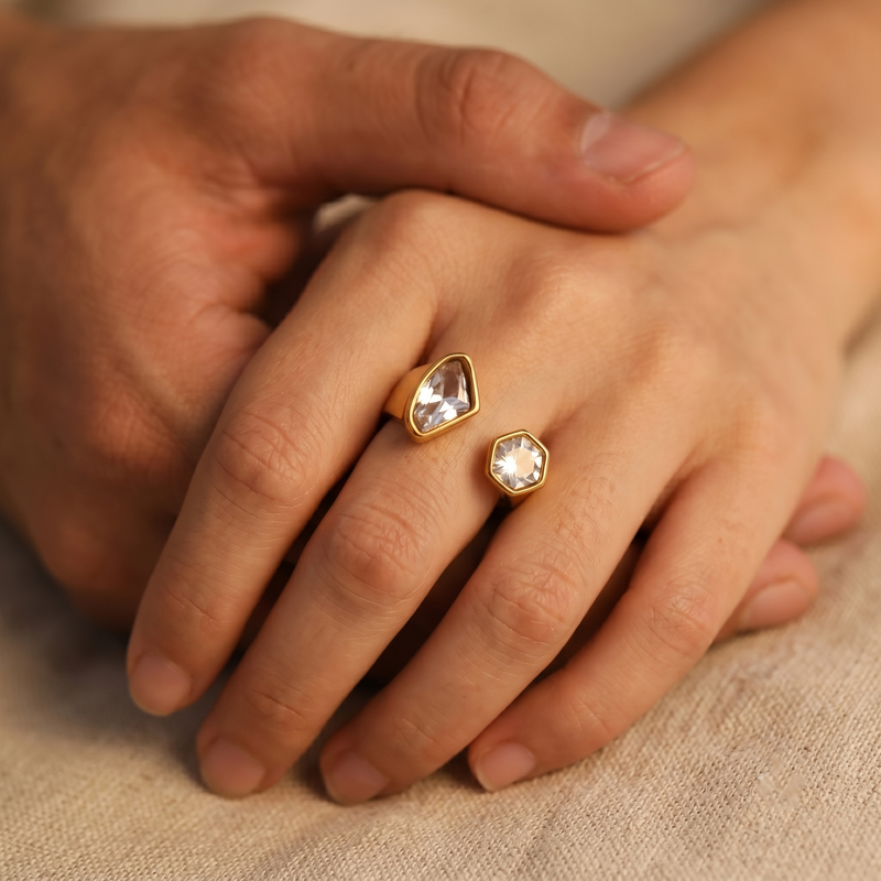 Luxury Golden colour Two Stone Ring  with Geometric Crystal Open Band