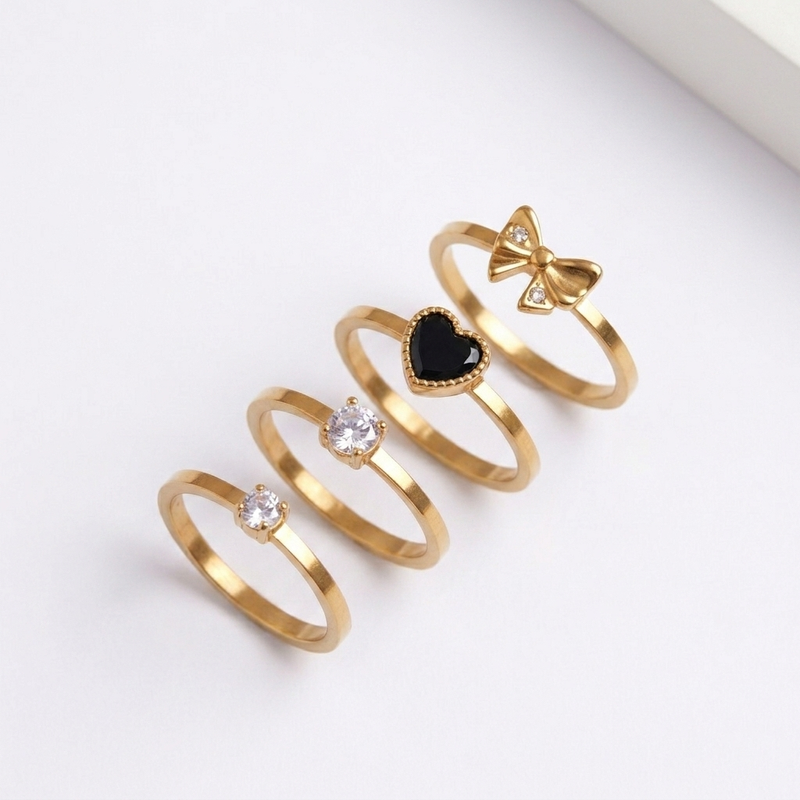 Golden Colour Charm Ring Set Combo Heart, Bow & Solitaire Styles