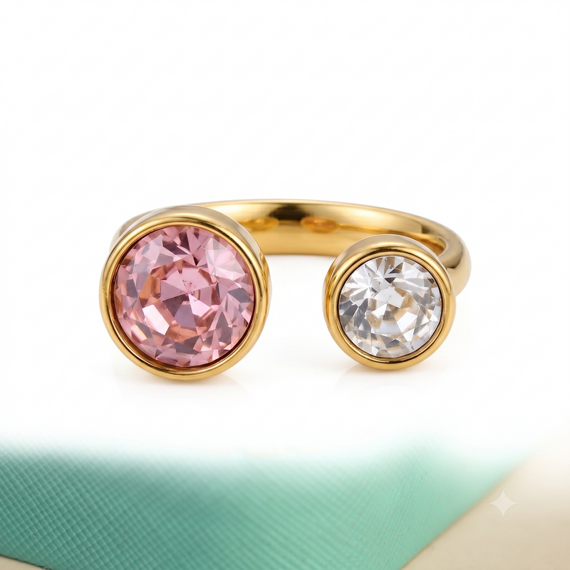 Elegant Golden color Open Ring with Dual Round Crystals Contemporary Jewelry
