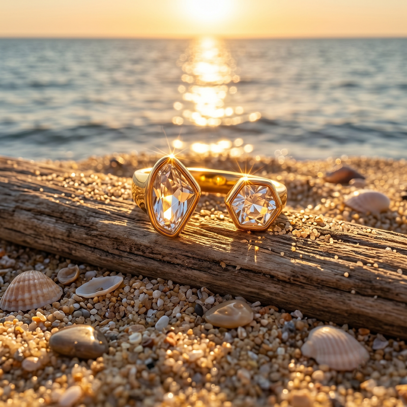 Luxury Golden colour Two Stone Ring  with Geometric Crystal Open Band